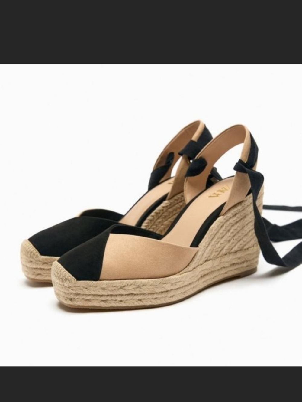 Zara Wedges Size 8.5 EU 39 Cream Black Espadrilles Ankle Ties Platform Heel Boho